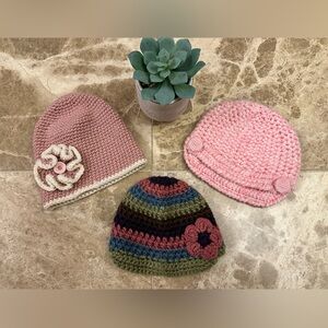 Set of Three Crochet Beanies - Pink and Multicolor